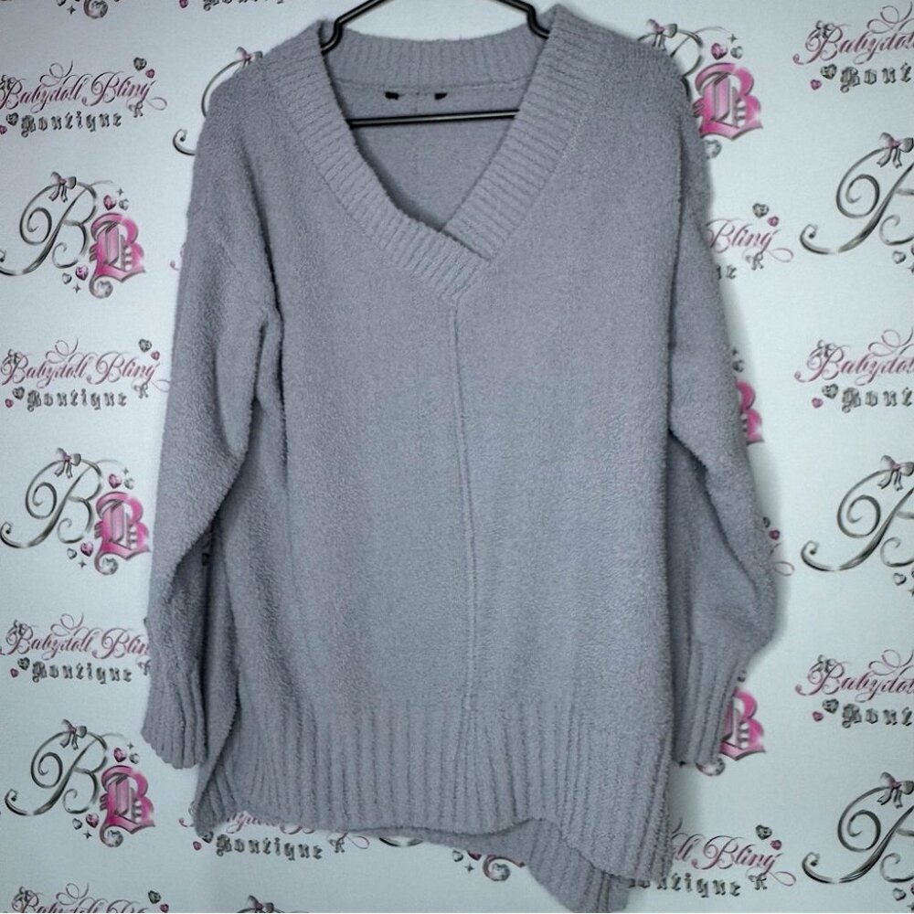 Sweater teddy sherpa fleece grey fuzzy cozy warm pull over V neck large luxe